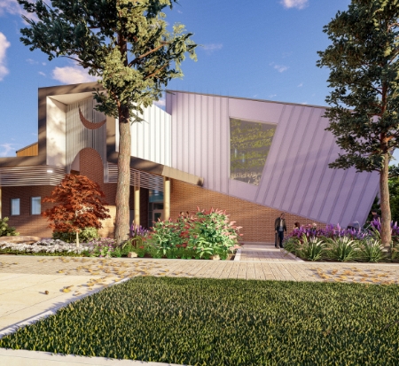 A rendering of a modern building with a garden in front of it