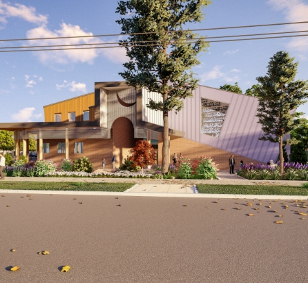 A rendering of a modern house with a curved driveway