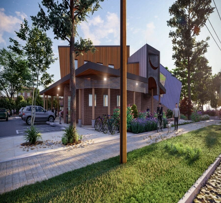 An artist's rendering of a building on a street corner